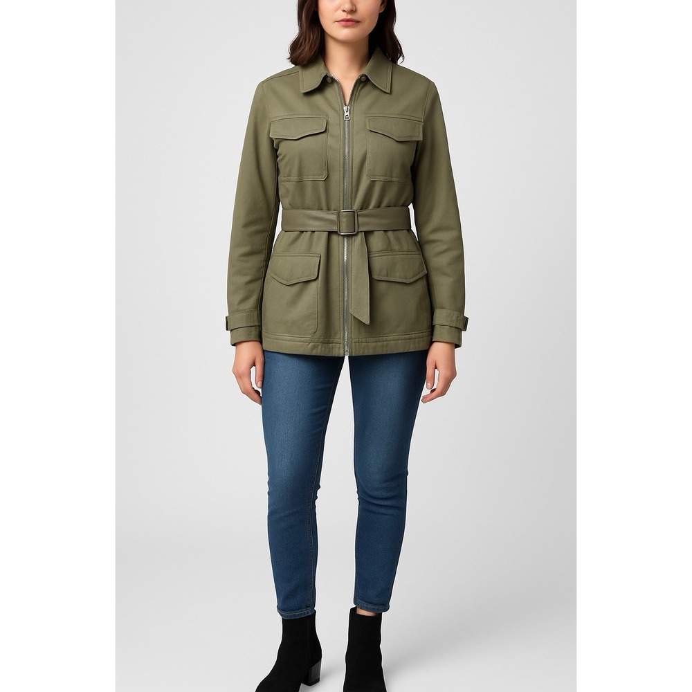 SER.O.YA Olive Green Belted‎ Utility Jacket Women's XL Zip Front Trench Style